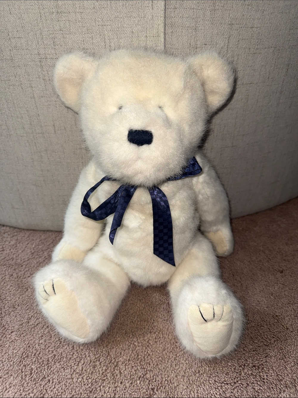 Boyds Bears White/Cream Teddy Bear with Navy Check Ribbon